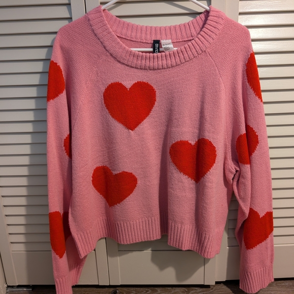 H&M Pink Sweater with Red Hearts, Size L - Picture 1 of 4